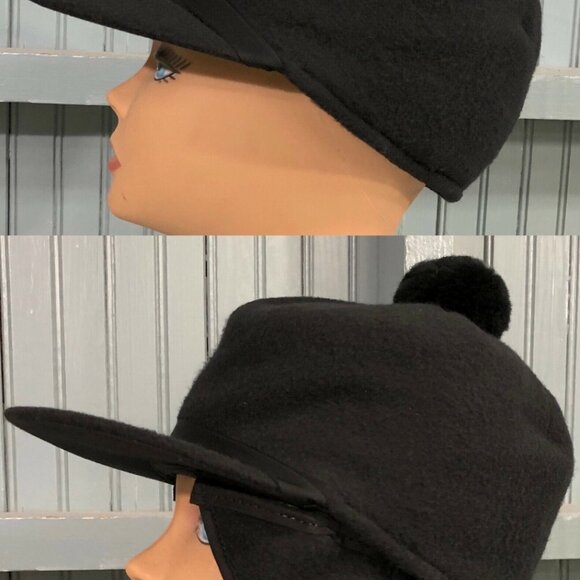 Black Fleece Hunting Trapper Pom Made In USA Ear Flaps 7 3/8 Langenberg Hat Cap - Picture 10 of 10